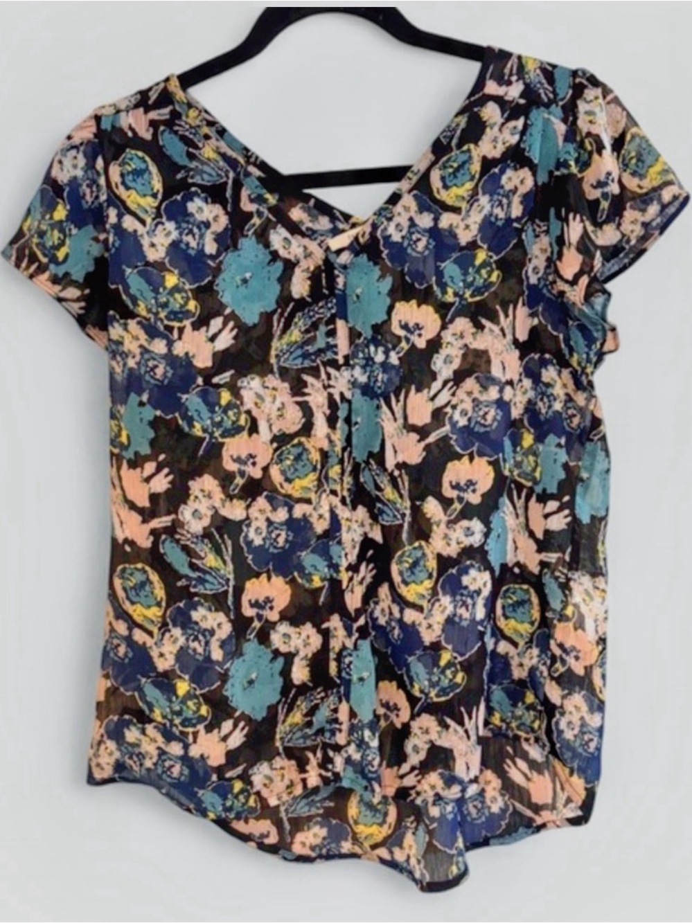 Fun 2 Fun Navy Teal Flutter Sleeve V-Neck Sheer Floral Boho Blouse Size Small